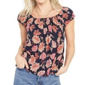 Old Navy Blue Floral Print Blouse with Multicolor Bow Size Small